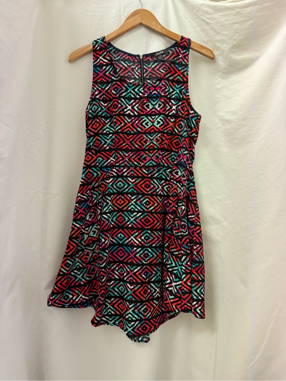 BeBop Geometric Asymmetrical Skater Dress in Red, Teal & Black